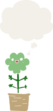 Düşünce baloncuğu olan karikatür çiçeği insan tarafından çizilmiş.