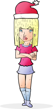 Bir insan tarafından çizilmiş kolları olan Noel şapkalı bir karikatür kadını.