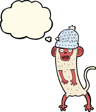 Bir insan tarafından çizilmiş düşünce balonlu çılgın maymun çizgi filmi.