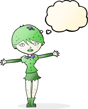 Bir insan tarafından çizilmiş düşünce balonlu vampir kız.