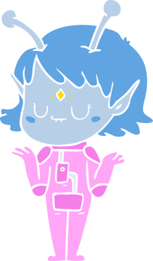 Bir insan tarafından çizilmiş düz renkli uzaylı kız çizgi filmi.