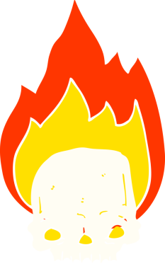 Ürkütücü düz renkli çizgi film. Bir insan tarafından çizilmiş alevli kafatası.