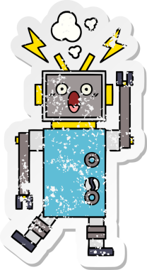Bir insan tarafından çizilmiş arızalı bir robot çizgi film çıkartması.