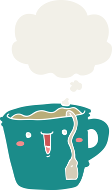 Düşünce baloncuklu tatlı çizgi film kahve fincanı insan tarafından çizilmiş.