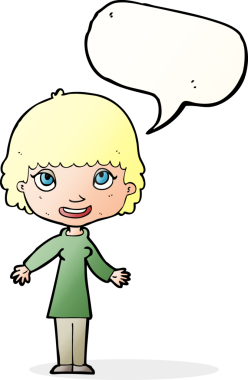 Bir insan tarafından çizilmiş konuşma balonlu mutlu kadın çizgi filmi.