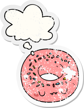 Düşünce baloncuklu çizgi film donutu insan tarafından çizilmiş yıpranmış bir çıkartma gibi.