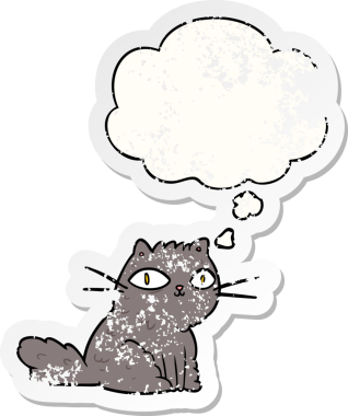 Düşünce baloncuğu olan çizgi film kedisi insan tarafından çizilmiş yıpranmış bir çıkartma.