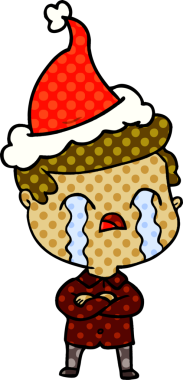 Bir insanın çizdiği Noel Baba şapkasıyla ağlayan bir adamın el çizimi çizgi roman tasviri.