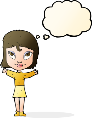 Bir insan tarafından çizilmiş düşünce balonlu açık kollu çizgi film kadını.