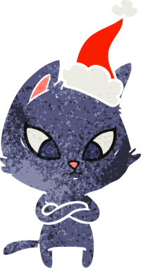 Bir insan tarafından çizilmiş Noel Baba şapkası takan bir kedinin retro çizimi.