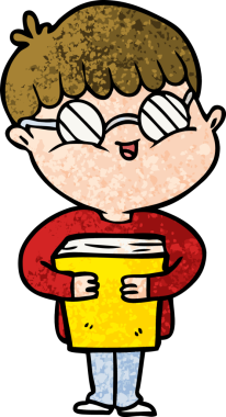 Bir insan tarafından çizilmiş kitap taşıyan gözlüklü bir çizgi film çocuğu.