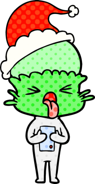 Bir insan tarafından çizilmiş Noel Baba şapkası giymiş bir uzaylının çizgi roman çizimi.