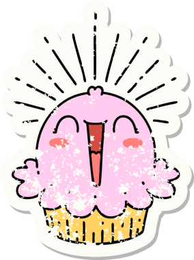 Dövme stili eski bir çıkartma. Bir insan tarafından çizilmiş mutlu şarkı söyleyen kek.