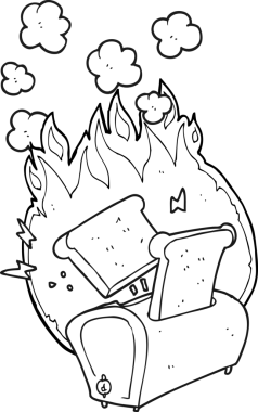 Bir insan tarafından çizilmiş siyah beyaz çizgi film yanan tost makinesi.