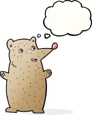 Bir insan tarafından çizilmiş düşünce baloncuklu komik çizgi film ayısı.