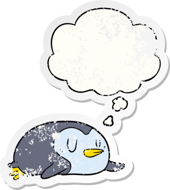 Düşünce baloncuğu olan karikatür pengueni insan tarafından çizilmiş yıpranmış bir çıkartma.