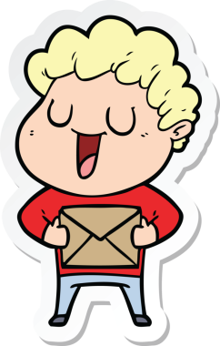 Bir insan tarafından çizilmiş paketli gülen bir çizgi film karakterinin çıkartması.