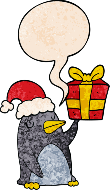 Karikatür pengueni, insan tarafından çizilmiş eski moda bir konuşma baloncuğuyla noel hediyesidir.