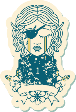 Retro Dövme Tarzı Ağlayan Elf Haydut Karakteri Bir insan tarafından çizilmiş doğal bir D20 rulosu