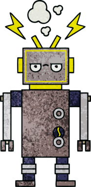 Bir insan tarafından çizilmiş arızalı bir robotun retro grunge desen karikatürü