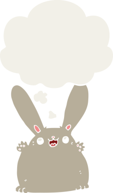 Düşünce baloncuklu çizgi film tavşanı insan tarafından çizilmiş.