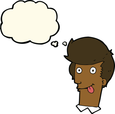 Bir insan tarafından çizilmiş düşünce baloncuğuyla takılan dilli çizgi film adamı.