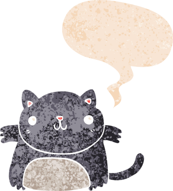 grunge 'da konuşma balonu olan çizgi film kedisi bir insan tarafından çizilmiş dertli retro desenli