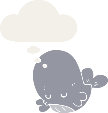 Düşünce baloncuğu olan karikatür balinası insan tarafından çizilmiş.