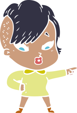 Düz renkli çizgi film. Bir insan tarafından çizilen kız şaşırdı.