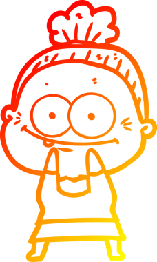 Bir insan tarafından çizilmiş mutlu, yaşlı bir kadının sıcak çizgi çizimi.