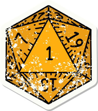 Bir insan tarafından çizilmiş 1 D20 zarının grunge sticker 'ı