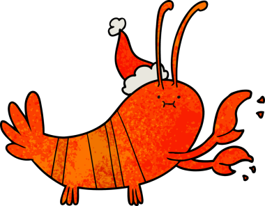 Bir insan tarafından çizilmiş Noel Baba şapkası takan bir ıstakozun el çizimi karikatürü.