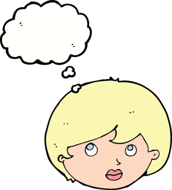 Bir insan tarafından çizilmiş düşünce baloncuğuyla yukarı bakan kadın yüzü.