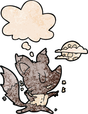 Ay ışığında değişen kurtadam çizgi filmi. Bir insan tarafından çizilmiş grunge desenli düşünce baloncuğu.