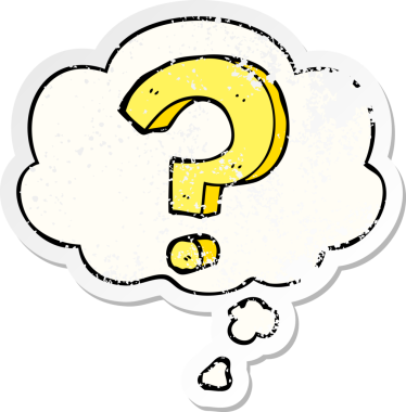 Düşünce baloncuklu çizgi film soru işareti bir insan tarafından çizilmiş yıpranmış bir çıkartma.