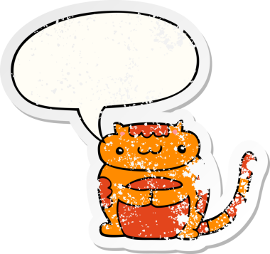 Konuşma baloncuğu olan sevimli çizgi film kedisi bir insan tarafından çizilmiş sıkıntılı eski bir çıkartma