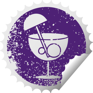 Bir insan tarafından çizilmiş süslü bir kokteylin sıkıntılı dairesel soyulan çıkartması.