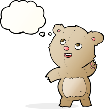 Bir insan tarafından çizilmiş düşünce baloncuklu şirin oyuncak ayı.