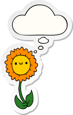 Düşünce baloncuklu karikatür çiçeği insan tarafından çizilmiş bir çıkartma gibi.