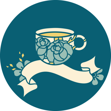 bir fincanın bayrağı ve bir insanın çizdiği çiçeklerle dövme tarzı simgesi