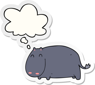 Düşünce baloncuğu olan çizgi film hipopotamları bir insan tarafından çizilmiş etiketlerdir.