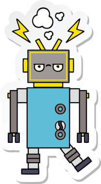 Bir insan tarafından çizilmiş arızalı sevimli bir robot karikatürü çıkartması.