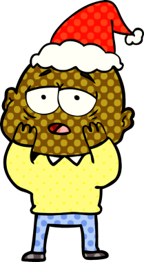 Bir insan tarafından çizilmiş Noel Baba şapkası giyen yorgun kel bir adamın el çizimi çizgi roman çizimi.