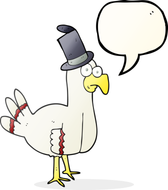 Bir insan tarafından çizilmiş silindir şapkalı serbest konuşma balonu çizgi film kuşu.