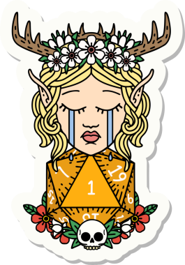 Ağlayan bir Elf Druid karakterinin çıkartması. İnsan tarafından çizilmiş doğal bir D20 ruloyla.