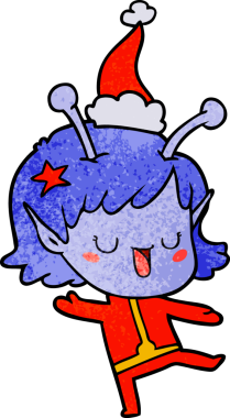 Mutlu uzaylı kız el çizimi. Bir insan tarafından çizilmiş Noel Baba şapkası.