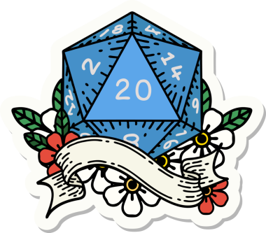 Bir insan tarafından çizilmiş 20 D20 zarının çıkartması.