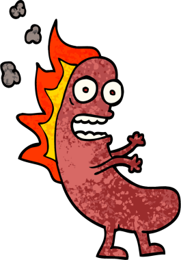 Grunge desenli çizim çizgi film. Bir insan tarafından çizilmiş alevli sosisli.