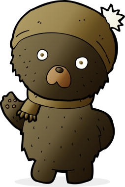 Bir insan tarafından çizilmiş, kışlık şapkalı ve atkılı şirin siyah ayı.