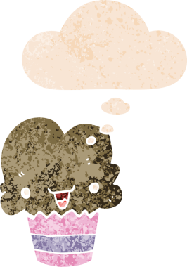 Yüzünde düşünce kabarcığı olan, grunge 'da sıkıntılı eski moda bir insan tarafından çizilmiş çizgi film keki.